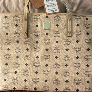 MCM Ivory and Black Logo Tote